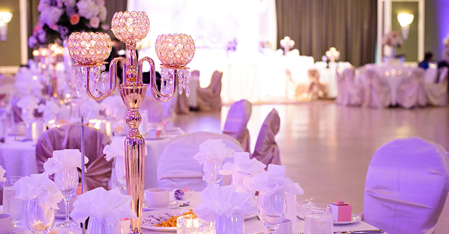 Chandelier Table Centerpiece In Large Ballroom